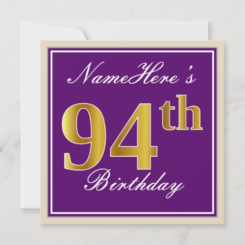 Elegant Purple Faux Gold 94th Birthday  Name Invitation