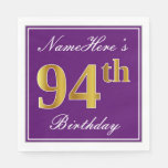 [ Thumbnail: Elegant Purple, Faux Gold 94th Birthday + Name Napkins ]