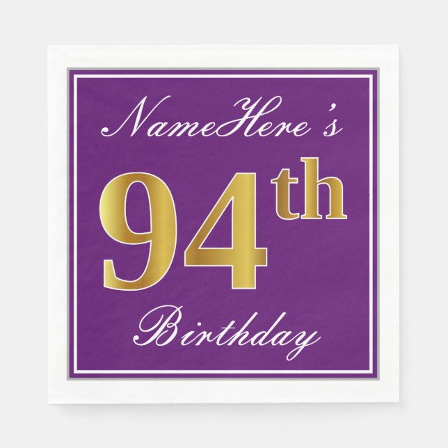Elegant Purple, Faux Gold 94th Birthday + Name Paper Napkins (Front)