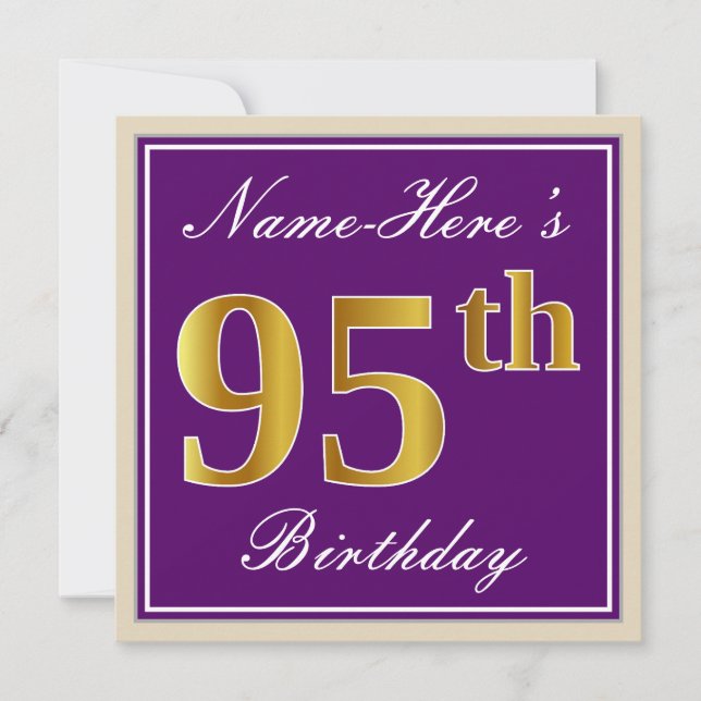 Elegant, Purple, Faux Gold 95th Birthday + Name Invitation (Front)