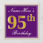 [ Thumbnail: Elegant, Purple, Faux Gold 95th Birthday + Name Invitation ]