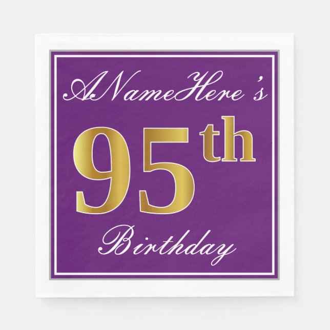 Elegant Purple, Faux Gold 95th Birthday + Name Paper Napkins (Front)
