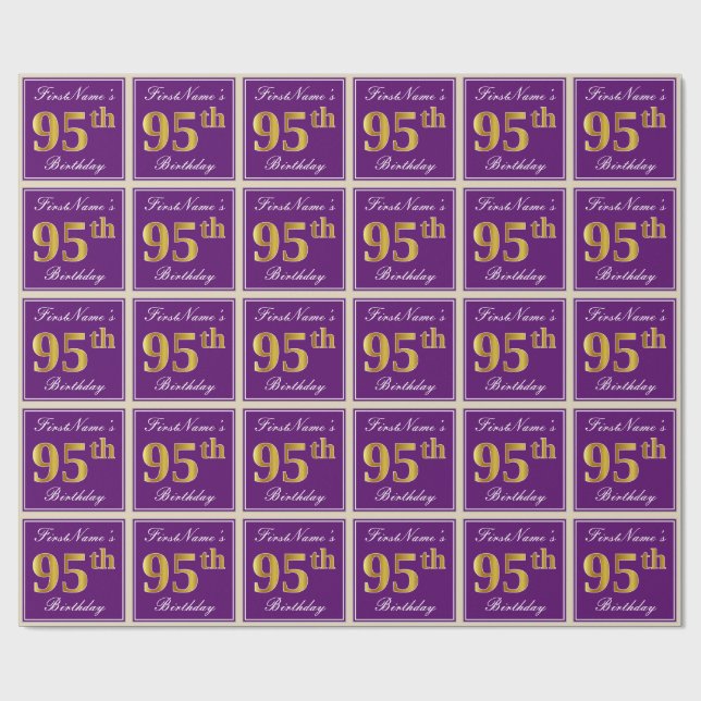Elegant, Purple, Faux Gold 95th Birthday + Name Wrapping Paper (Flat)