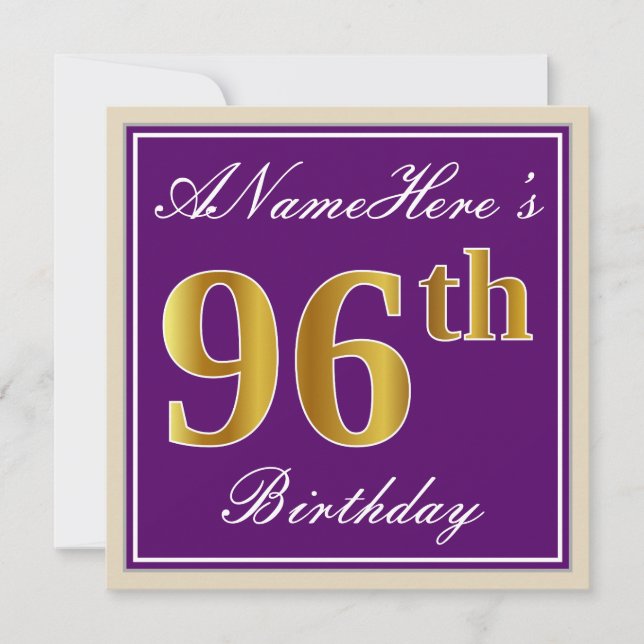 Elegant, Purple, Faux Gold 96th Birthday + Name Invitation (Front)
