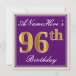 [ Thumbnail: Elegant, Purple, Faux Gold 96th Birthday + Name Invitation ]