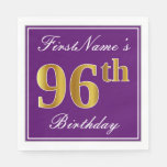 [ Thumbnail: Elegant Purple, Faux Gold 96th Birthday + Name Napkins ]