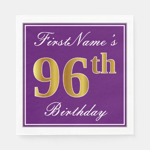 Elegant Purple Faux Gold 96th Birthday  Name Paper Napkins