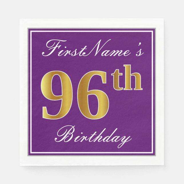 Elegant Purple, Faux Gold 96th Birthday + Name Paper Napkins (Front)