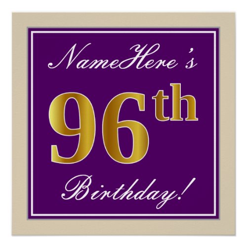 Elegant Purple Faux Gold 96th Birthday  Name Poster