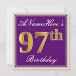 [ Thumbnail: Elegant, Purple, Faux Gold 97th Birthday + Name Invitation ]
