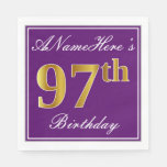[ Thumbnail: Elegant Purple, Faux Gold 97th Birthday + Name Napkins ]