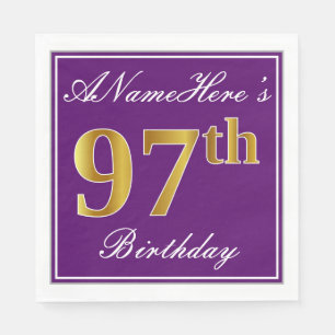 Elegant Purple, Faux Gold 97th Birthday + Name Paper Napkins