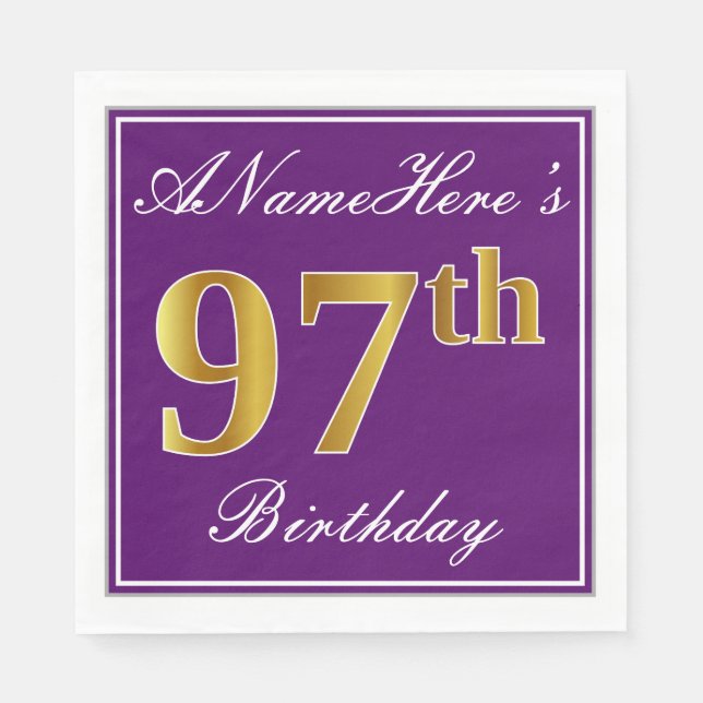 Elegant Purple, Faux Gold 97th Birthday + Name Paper Napkins (Front)