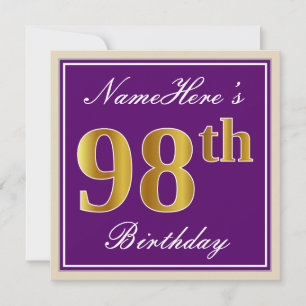 Elegant, Purple, Faux Gold 98th Birthday + Name Invitation