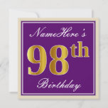 [ Thumbnail: Elegant, Purple, Faux Gold 98th Birthday + Name Invitation ]