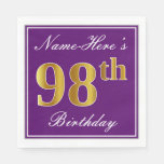 [ Thumbnail: Elegant Purple, Faux Gold 98th Birthday + Name Napkin ]