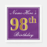 [ Thumbnail: Elegant Purple, Faux Gold 98th Birthday + Name Napkins ]