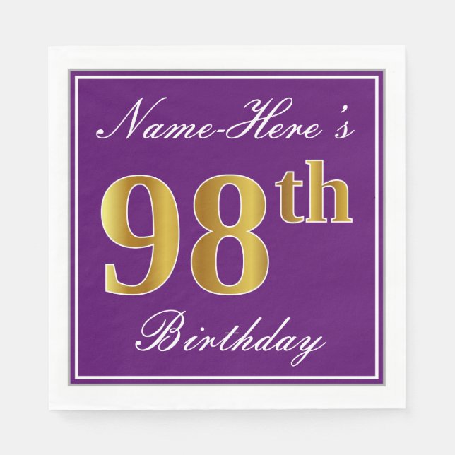 Elegant Purple, Faux Gold 98th Birthday + Name Napkins (Front)