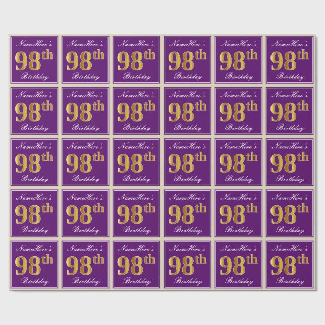 Elegant, Purple, Faux Gold 98th Birthday + Name Wrapping Paper (Flat)