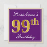 [ Thumbnail: Elegant, Purple, Faux Gold 99th Birthday + Name Invitation ]