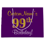 [ Thumbnail: Elegant, Purple, Faux Gold 99th Birthday + Name Gift Bag ]