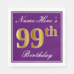 [ Thumbnail: Elegant Purple, Faux Gold 99th Birthday + Name Napkins ]