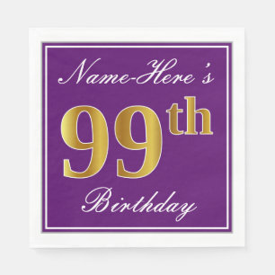 Elegant Purple, Faux Gold 99th Birthday + Name Napkins