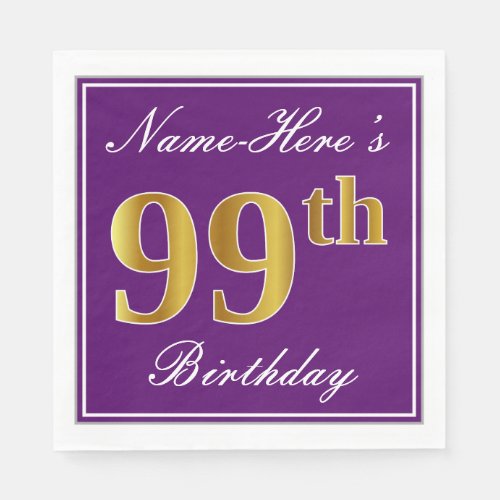 Elegant Purple Faux Gold 99th Birthday  Name Napkins