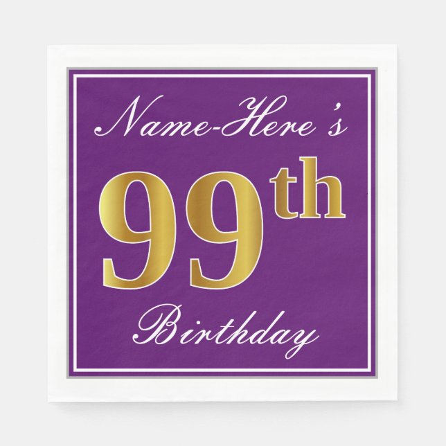 Elegant Purple, Faux Gold 99th Birthday + Name Napkins (Front)