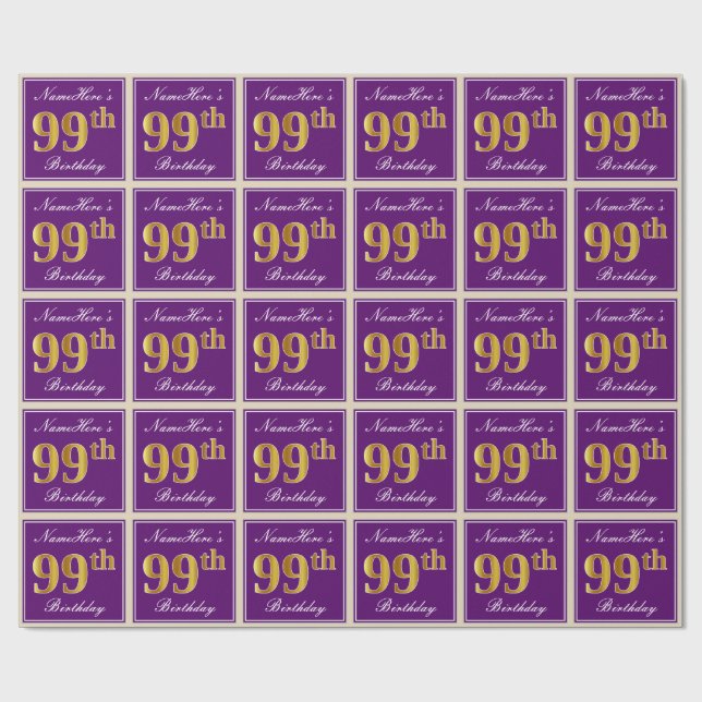 Elegant, Purple, Faux Gold 99th Birthday + Name Wrapping Paper (Flat)