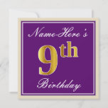 [ Thumbnail: Elegant, Purple, Faux Gold 9th Birthday + Name Invitation ]