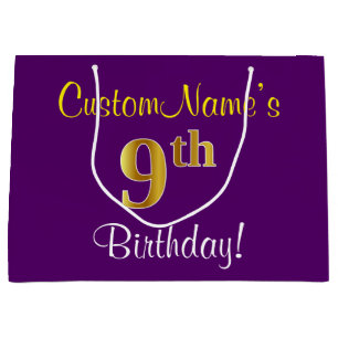 Elegant, Purple, Faux Gold 9th Birthday + Name Large Gift Bag