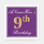 [ Thumbnail: Elegant Purple, Faux Gold 9th Birthday + Name Napkin ]