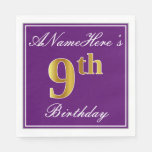 [ Thumbnail: Elegant Purple, Faux Gold 9th Birthday + Name Napkins ]