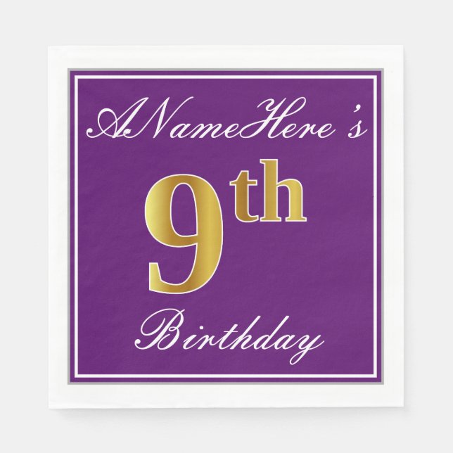 Elegant Purple, Faux Gold 9th Birthday + Name Napkins (Front)