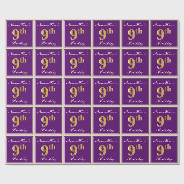 Elegant, Purple, Faux Gold 9th Birthday + Name Wrapping Paper (Flat)