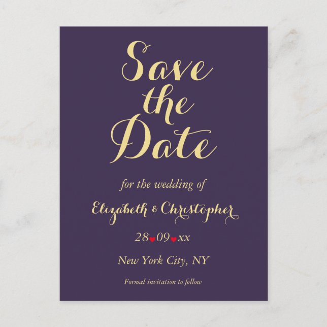 Elegant Purple Faux Gold Wedding Save the Date Postcard (Front)