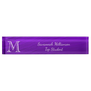 Elegant Purple Faux Metal Monogram Student Desk Name Plate