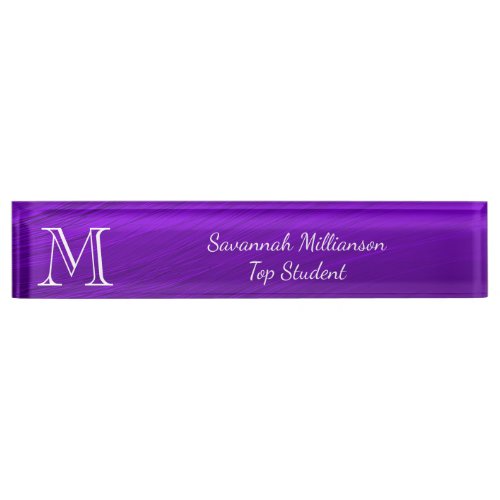 Elegant Purple Faux Metal Monogram Student Desk Name Plate