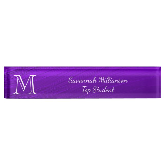 Elegant Purple Faux Metal Monogram Student Desk Name Plate (Front)