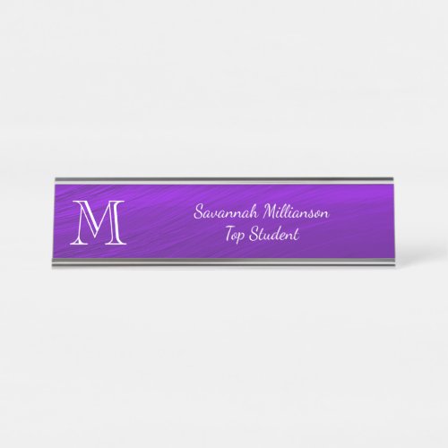 Elegant Purple Faux Metal Student Monogram Desk Name Plate