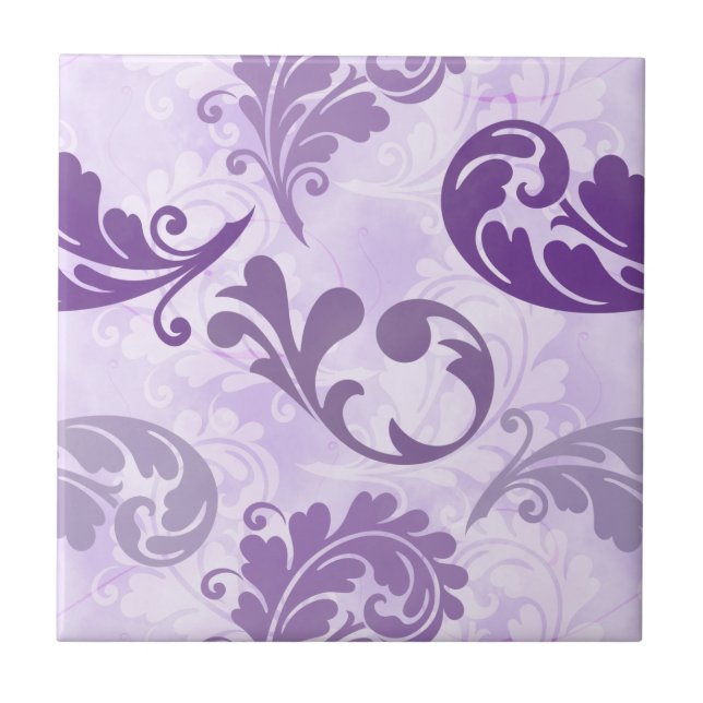 Elegant Purple Feathers Pattern Ceramic Tile (Front)