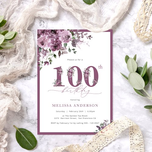 Elegant Purple Floral 100th Birthday Invitation