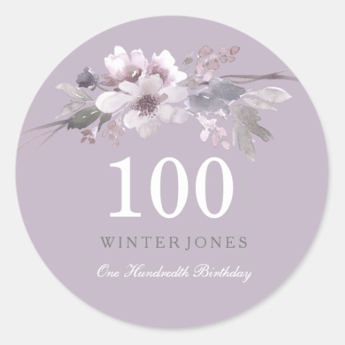 Elegant Purple Floral 100th Birthday Party Classic Round Sticker