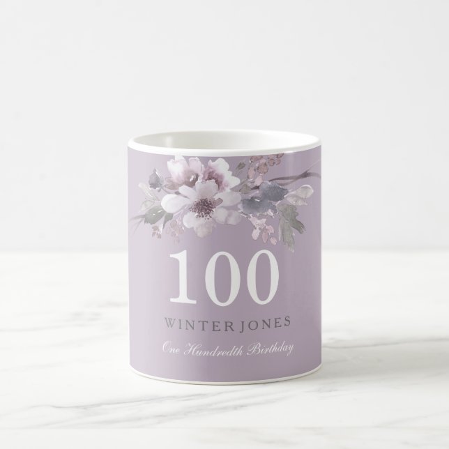 Elegant Purple Floral 100th Birthday Party Gift Coffee Mug (Center)