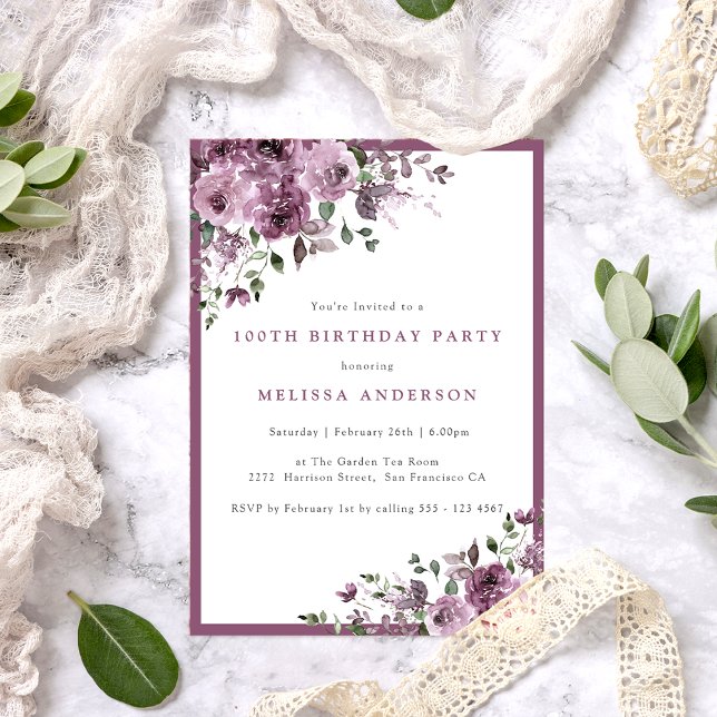 Elegant Purple Floral 100th Birthday Party Invitation (Creator Uploaded)
