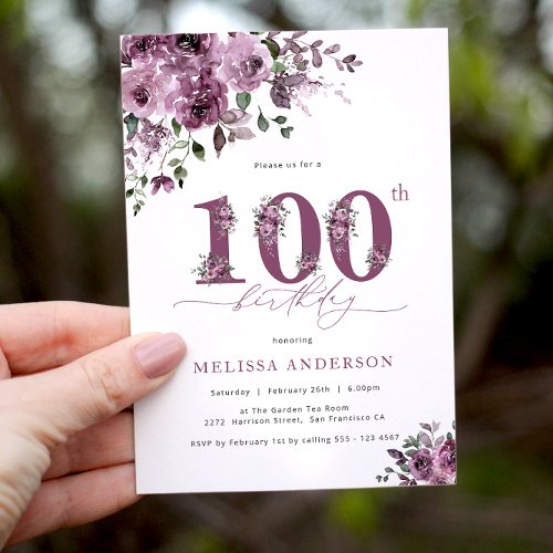 Elegant Purple Floral 100th Birthday Party Invitation