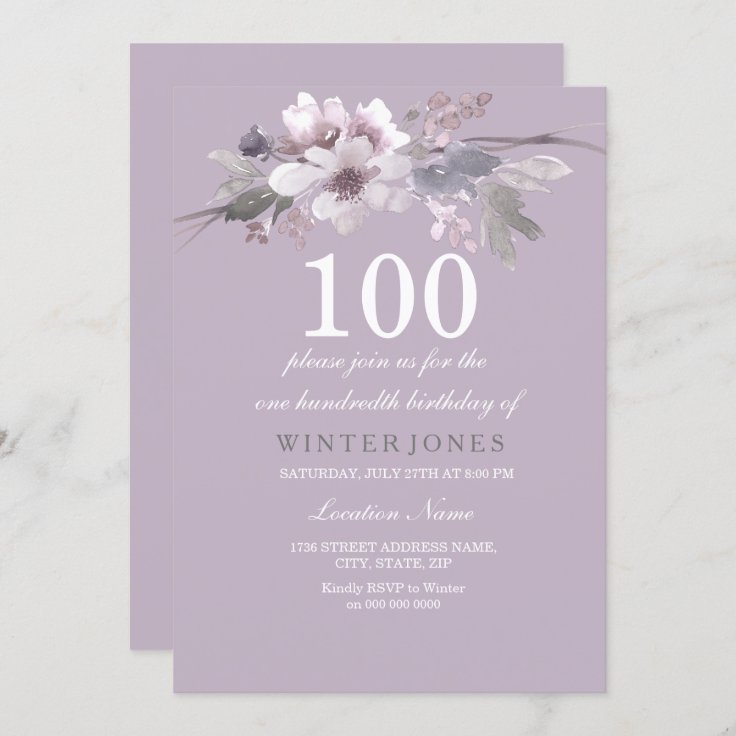 Elegant Purple Floral 100th Birthday Party Invite | Zazzle