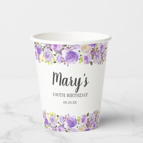 Elegant Purple Floral 100th Birthday Party Paper Cups