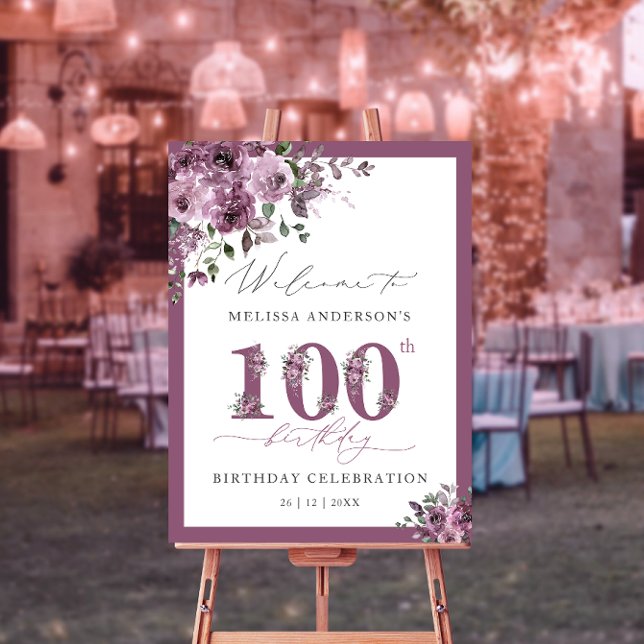 Elegant Purple Floral 100th Birthday Party Welcome Foam Board (Creator Uploaded)